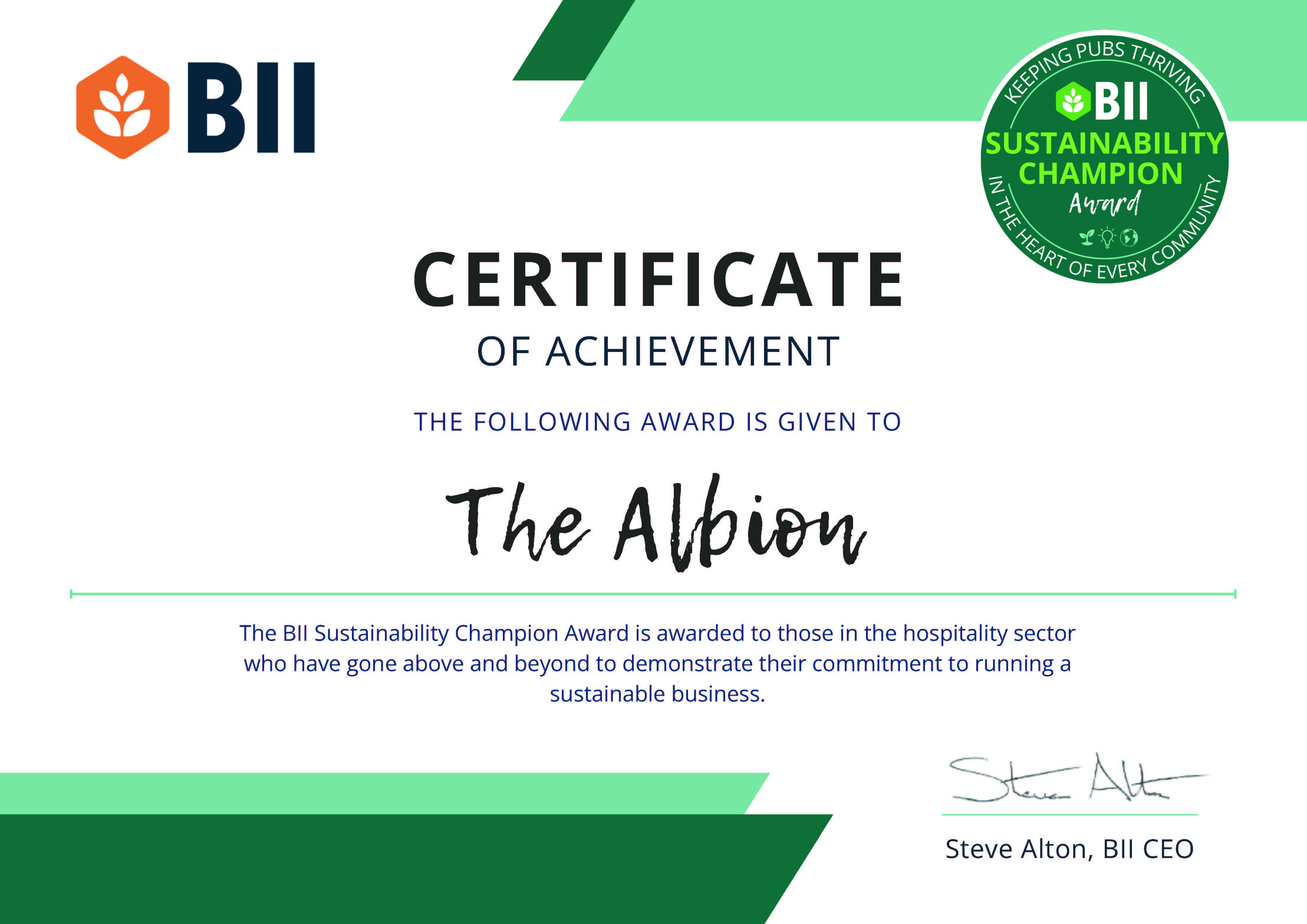 We have achieved the BII Sustainability Champion Award!